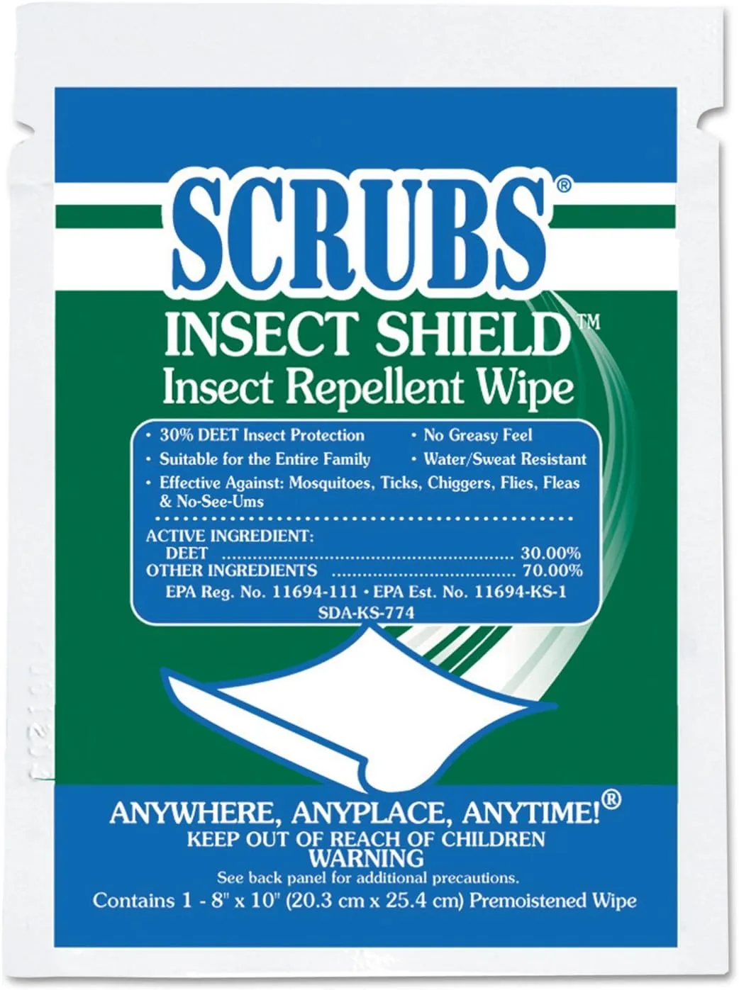 Scrubs 91401 Insect Shield Insect Repellent Wipes, 8 x 10, White, 100/Carton