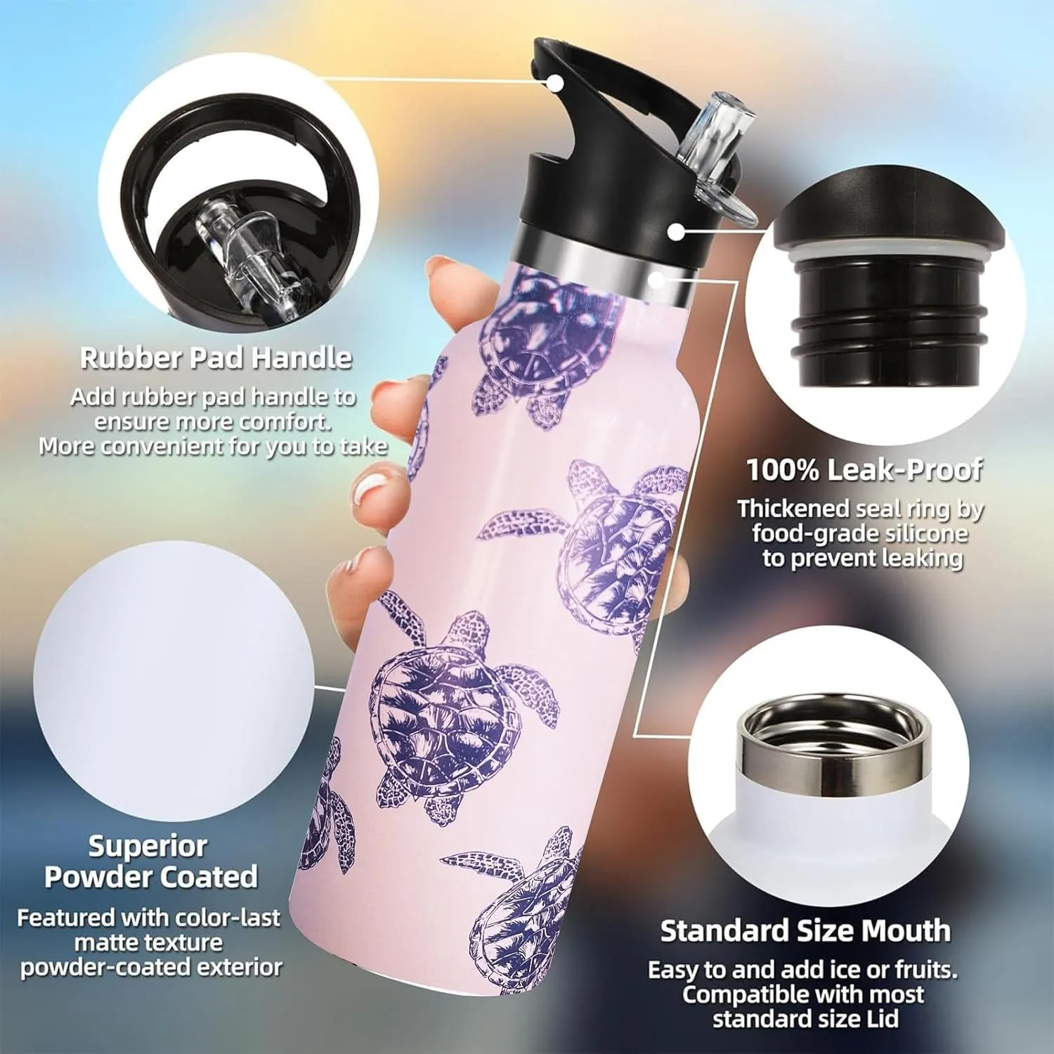 Sea Turtle Water Bottle with Straw Lid Insulated Stainless Steel Travel Mugs for Sport Gym Outdoor 20oz