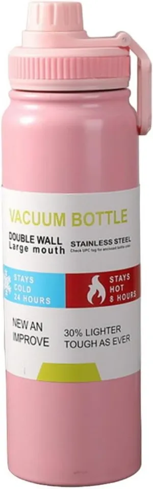 Secure Lid Water Bottle Sports Stainless Steel Insulated Large Capacity Portable Travel Gym Workout Thermal Drinking Pink 800ML