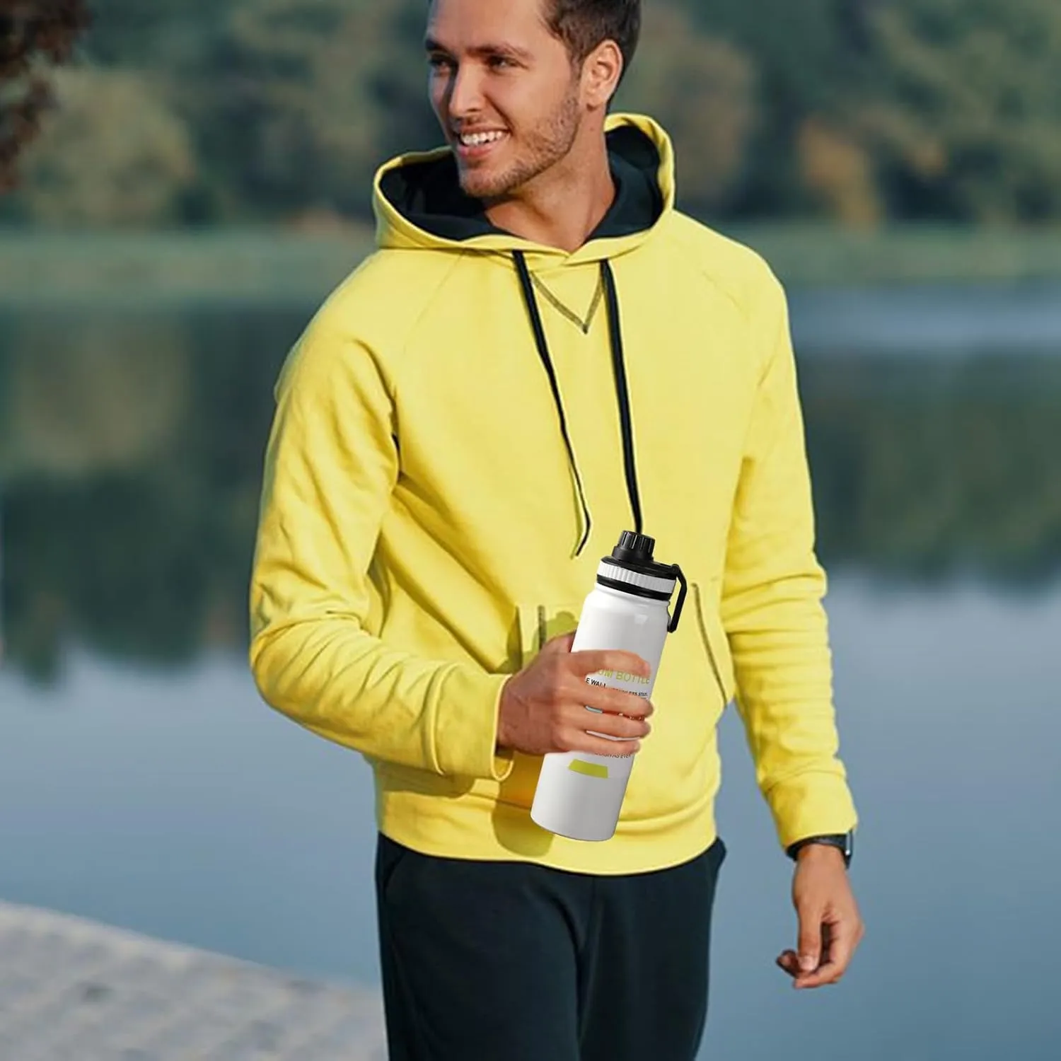 Secure Lid Water Bottle Sports Stainless Steel Insulated Large Capacity Portable Travel Gym Workout Thermal Drinking White 600ML
