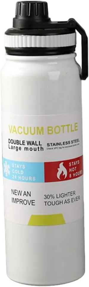 Secure Lid Water Bottle Sports Stainless Steel Insulated Large Capacity Portable Travel Gym Workout Thermal Drinking White 600ML