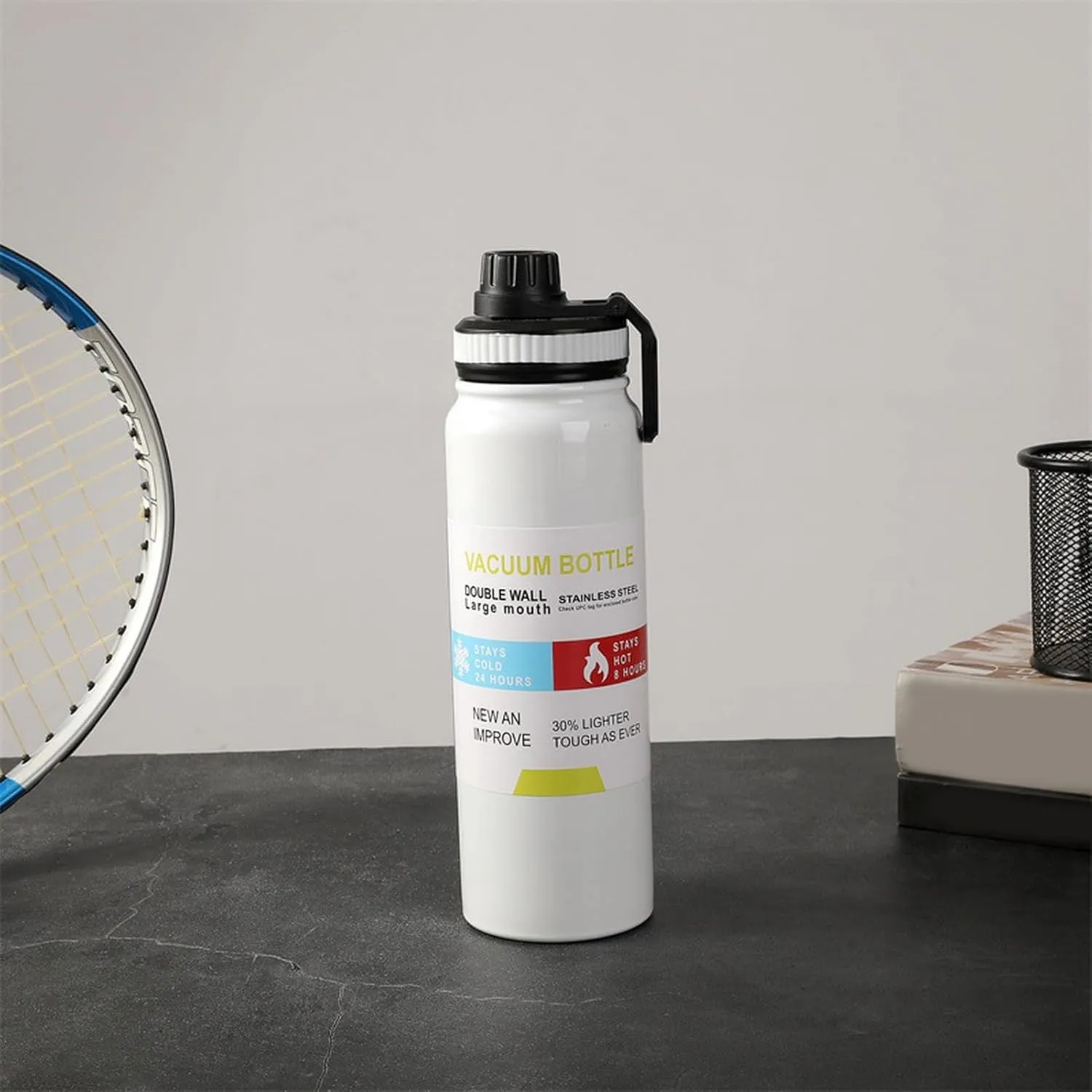Secure Lid Water Bottle Sports Stainless Steel Insulated Large Capacity Portable Travel Gym Workout Thermal Drinking White 600ML