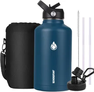 SENDESTAR Stainless Steel Water Bottle 64 oz, 64 oz Water Bottles, Double Wall Vacuum Insulated Leak Proof, Wide Mouth Water bottle with Straw Lid,Spout Lid,Keep Liquids Hot or Cold (64 oz-Cobalt)