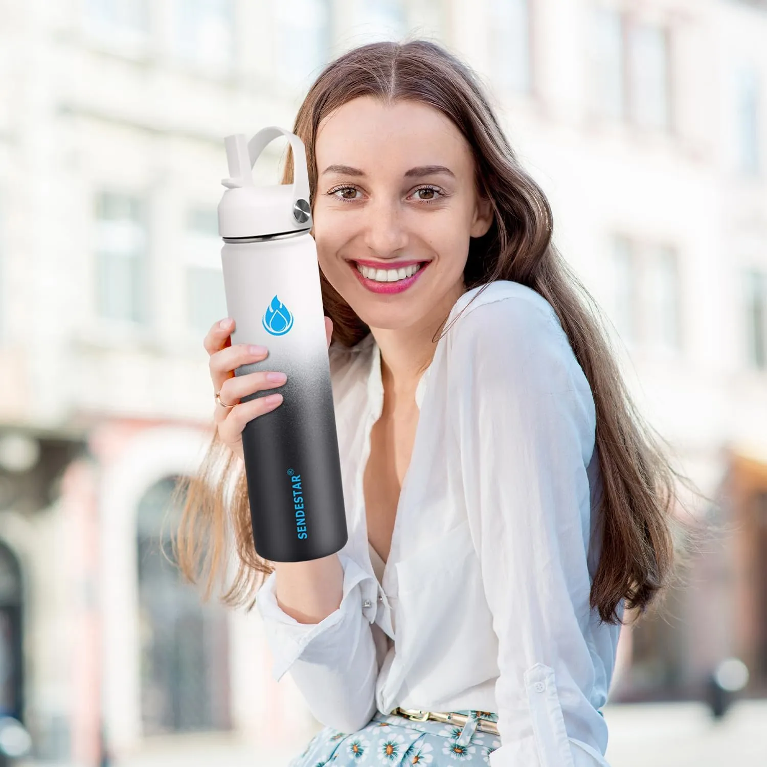 SENDESTAR Water Bottle 32oz Double Wall Vacuum Insulated Leak Proof Stainless Steel Sports Water Bottle—Wide Mouth with New Flex Straw Lid & Spout Lid (Day&Night)
