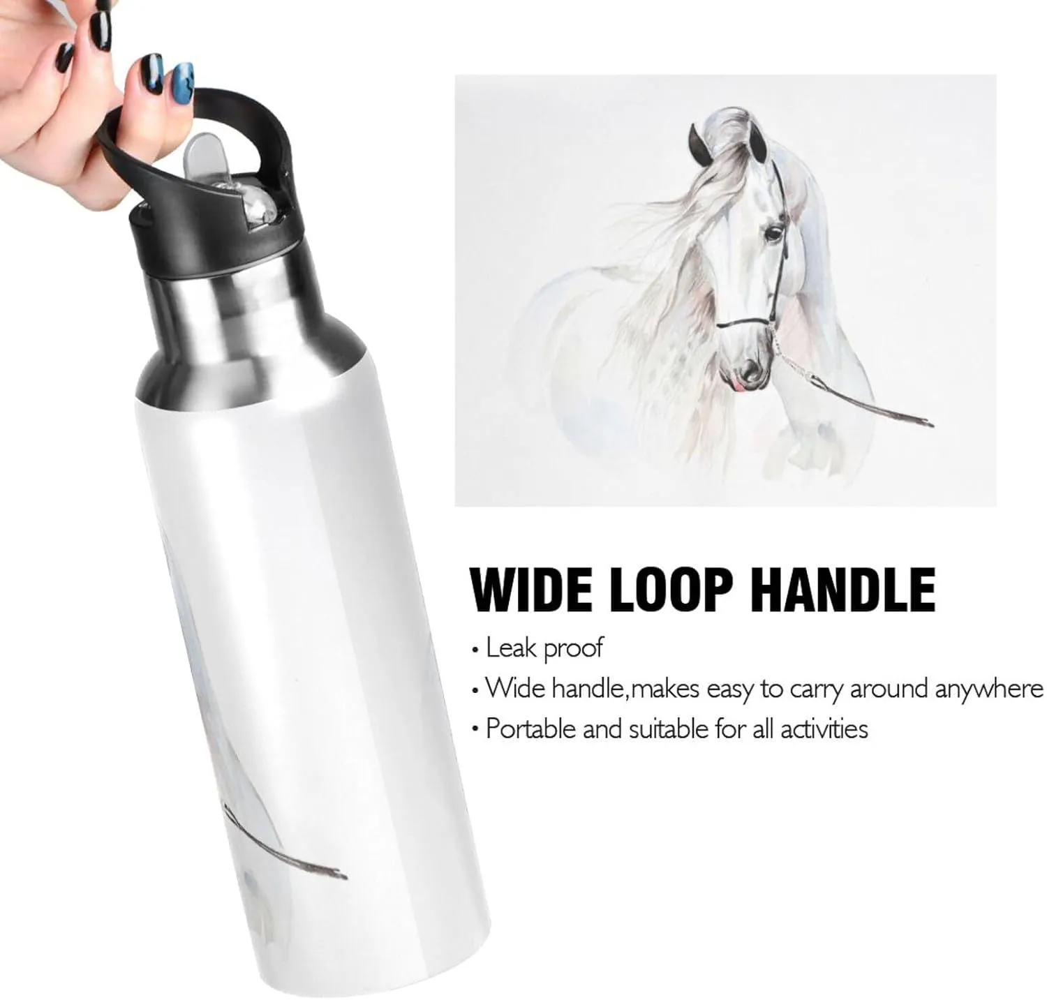 senya 20 Oz Water Bottle with Straw White Horse Stainless Steel Water Bottle for Traveling Sports Leakproof Insulated