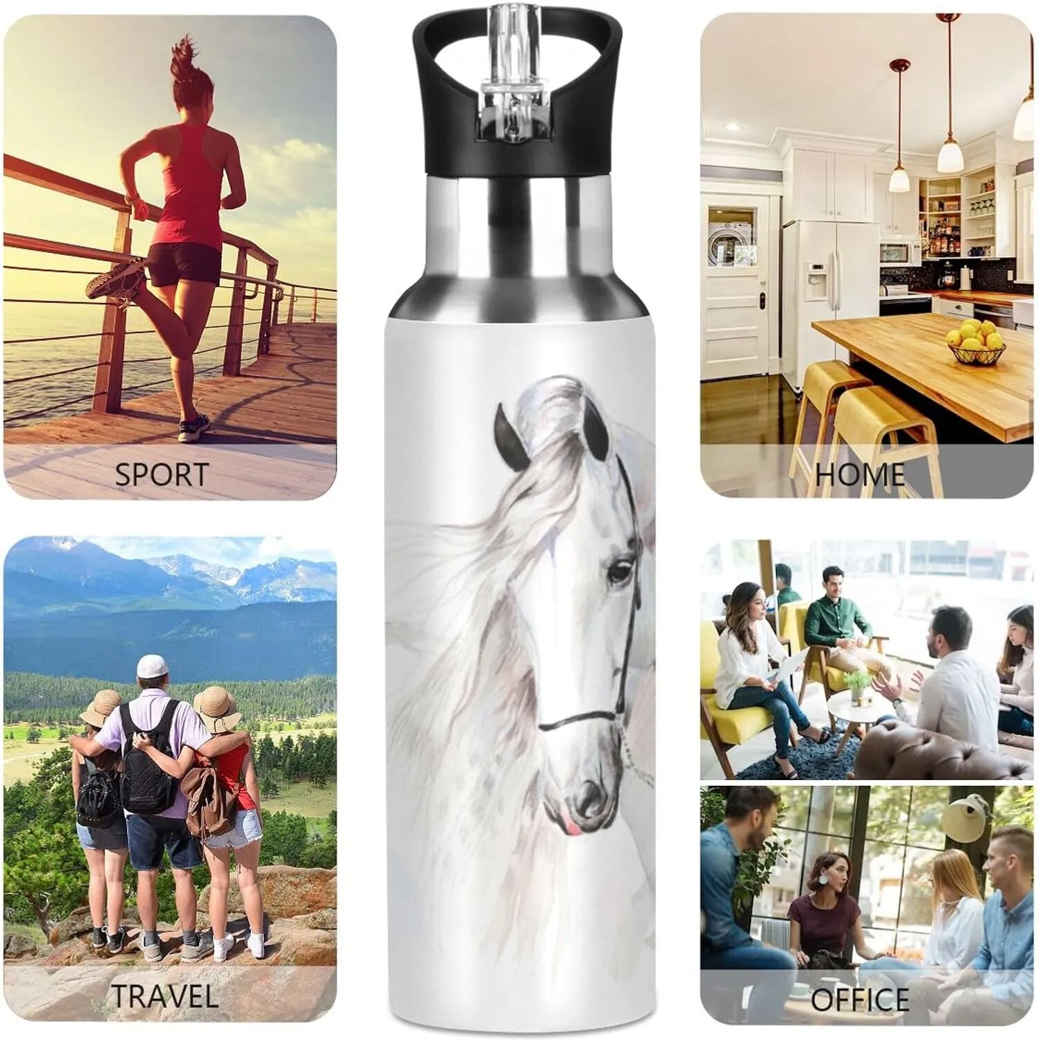 senya 20 Oz Water Bottle with Straw White Horse Stainless Steel Water Bottle for Traveling Sports Leakproof Insulated