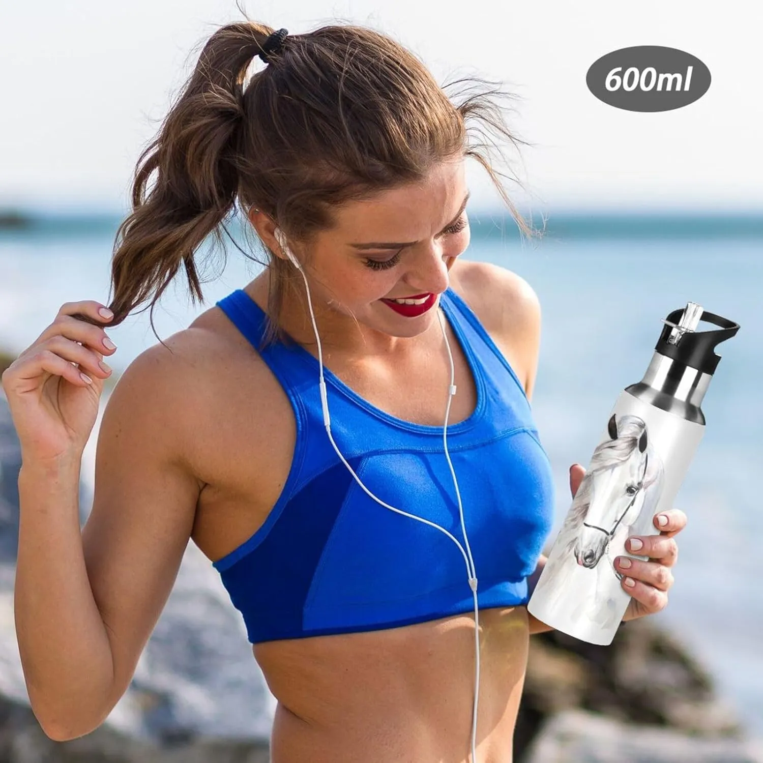 senya 20 Oz Water Bottle with Straw White Horse Stainless Steel Water Bottle for Traveling Sports Leakproof Insulated