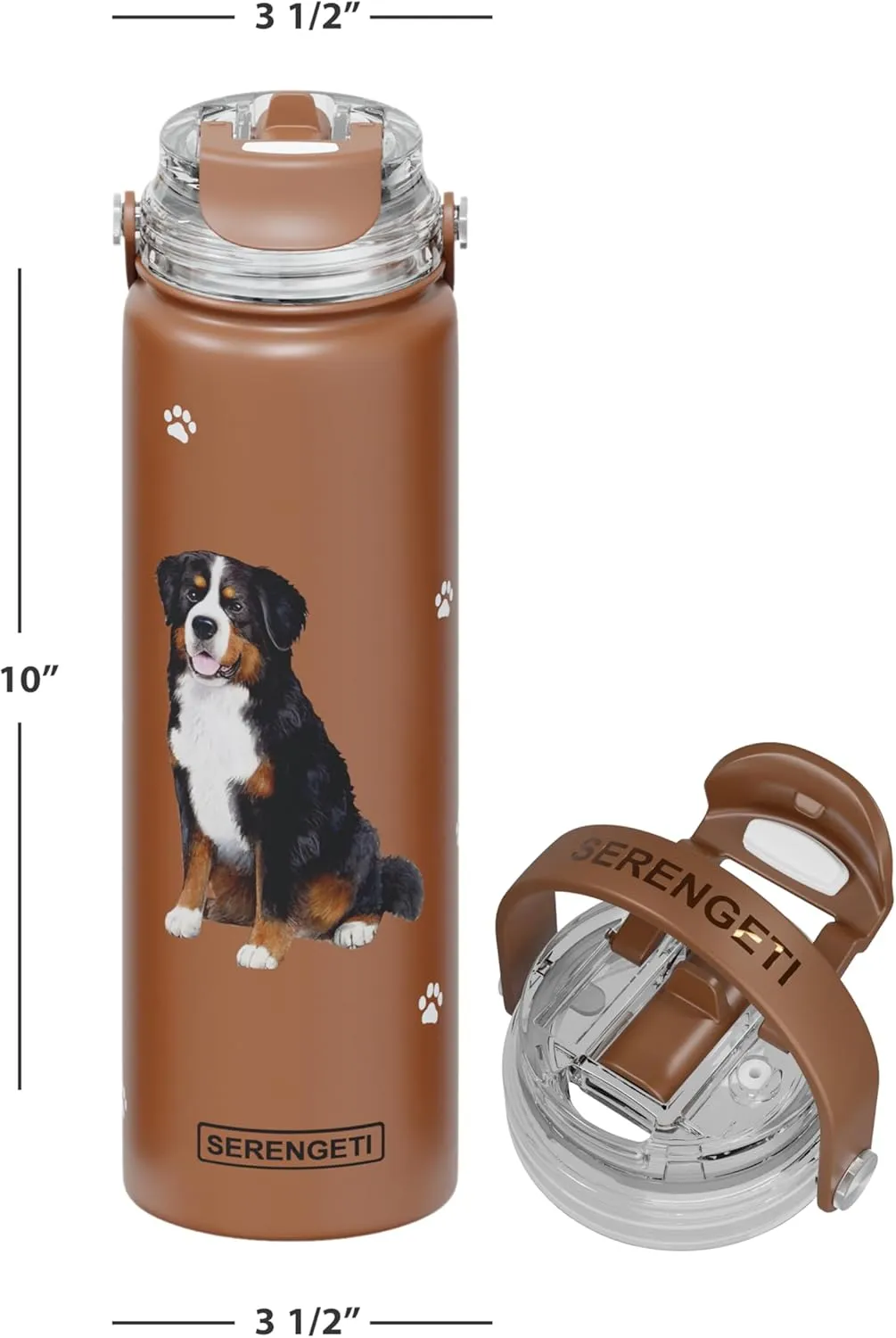 SERENGETI 24 Oz Water Bottle Stainless Steel with Spill Proof Lid - Double walled Vacuum Insulated water flask - Realistic 3D Print of your favorite dog (Bernese Mt. Dog)