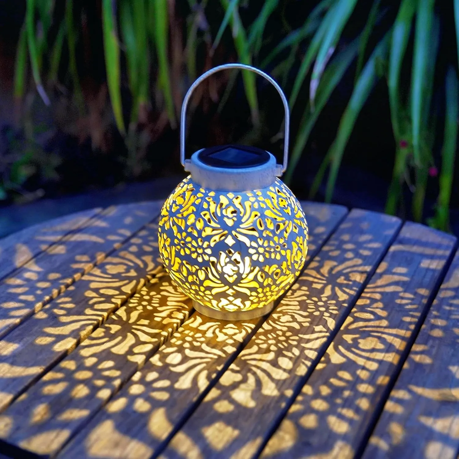 Set of 2 Outdoor Solar Hanging Lantern Lights Metal LED Decorative Lamp for Garden Patio Courtyard Lawn and Table with Hollowed-Out Design (White)