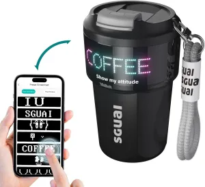 SGUAI Unique Smart Water Bottle - Smart Coffee Cup with LED Temperature & Pixel Display by APP Control, Smart Insulated Novelty Mug Water Flask for Unique Presents, 12oz (Black)