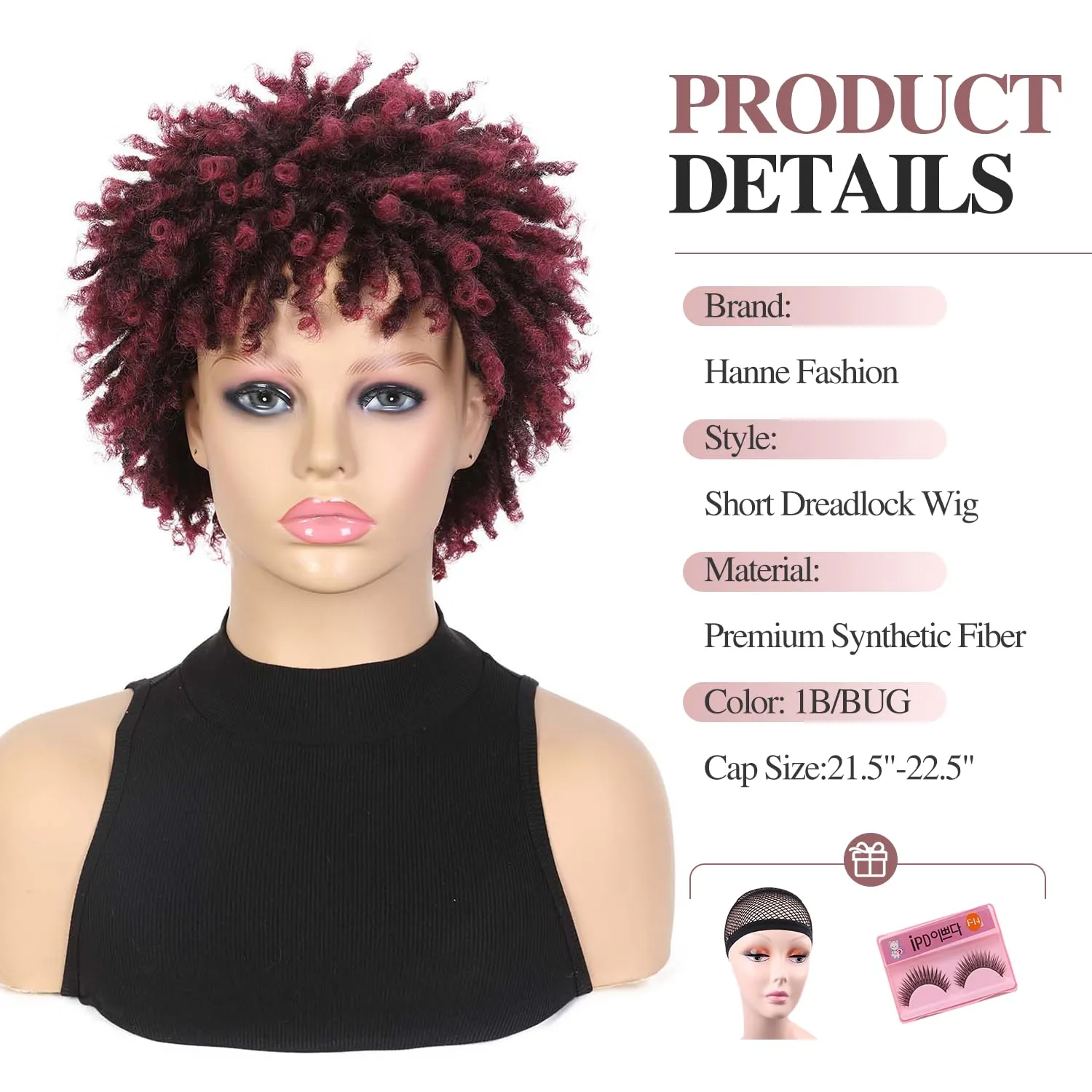 Short Dreadlock Twist Braids Wig for Black Women and Men - Ombre Burgundy African American Synthetic Braiding (1B BUG)