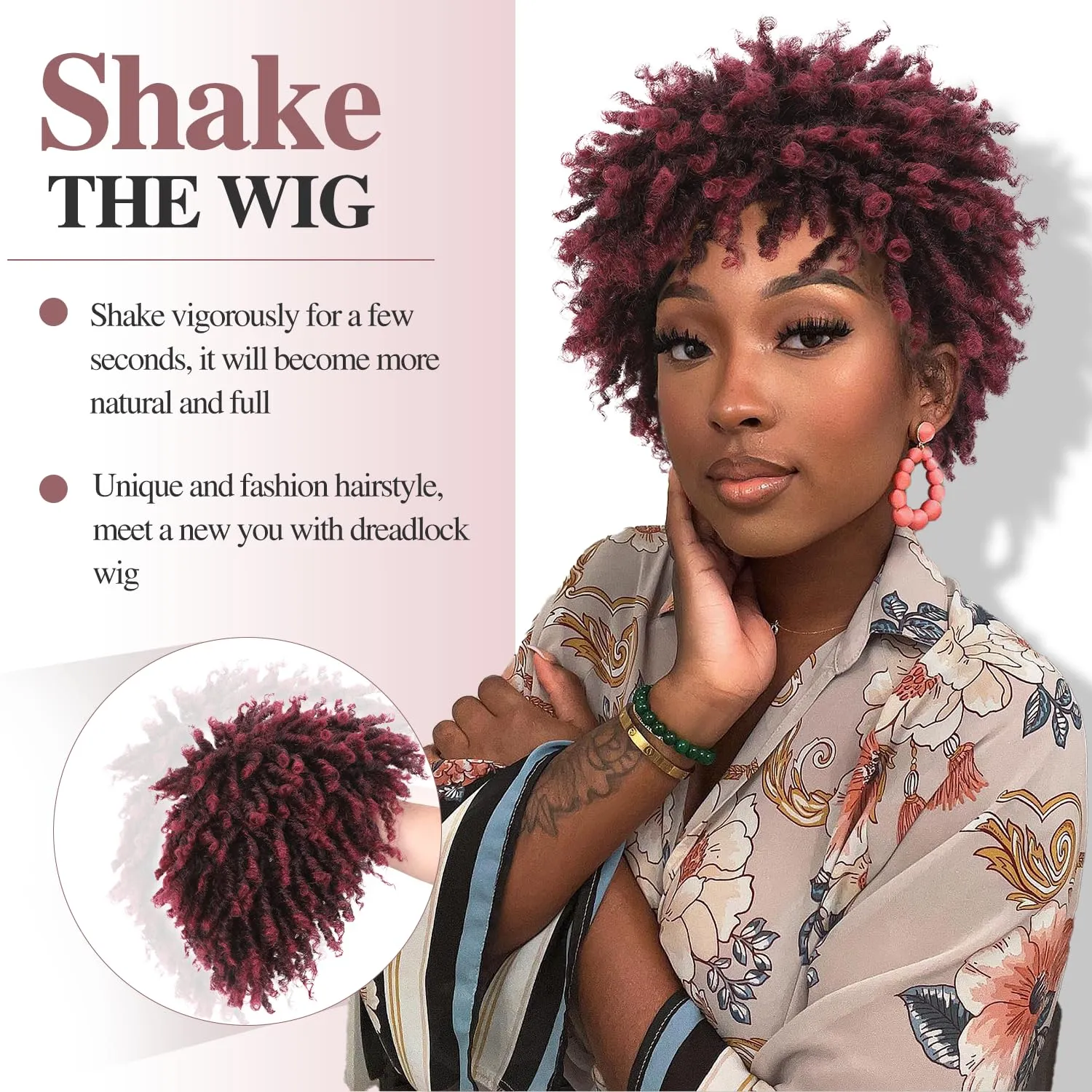 Short Dreadlock Twist Braids Wig for Black Women and Men - Ombre Burgundy African American Synthetic Braiding (1B BUG)
