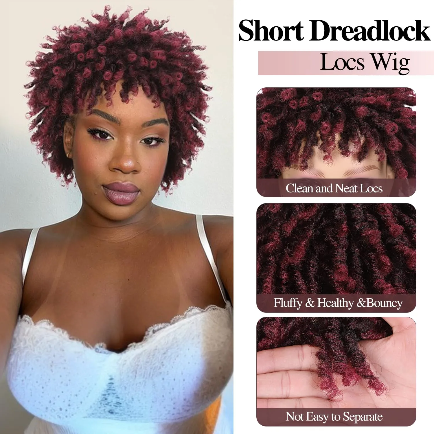 Short Dreadlock Twist Braids Wig for Black Women and Men - Ombre Burgundy African American Synthetic Braiding (1B BUG)