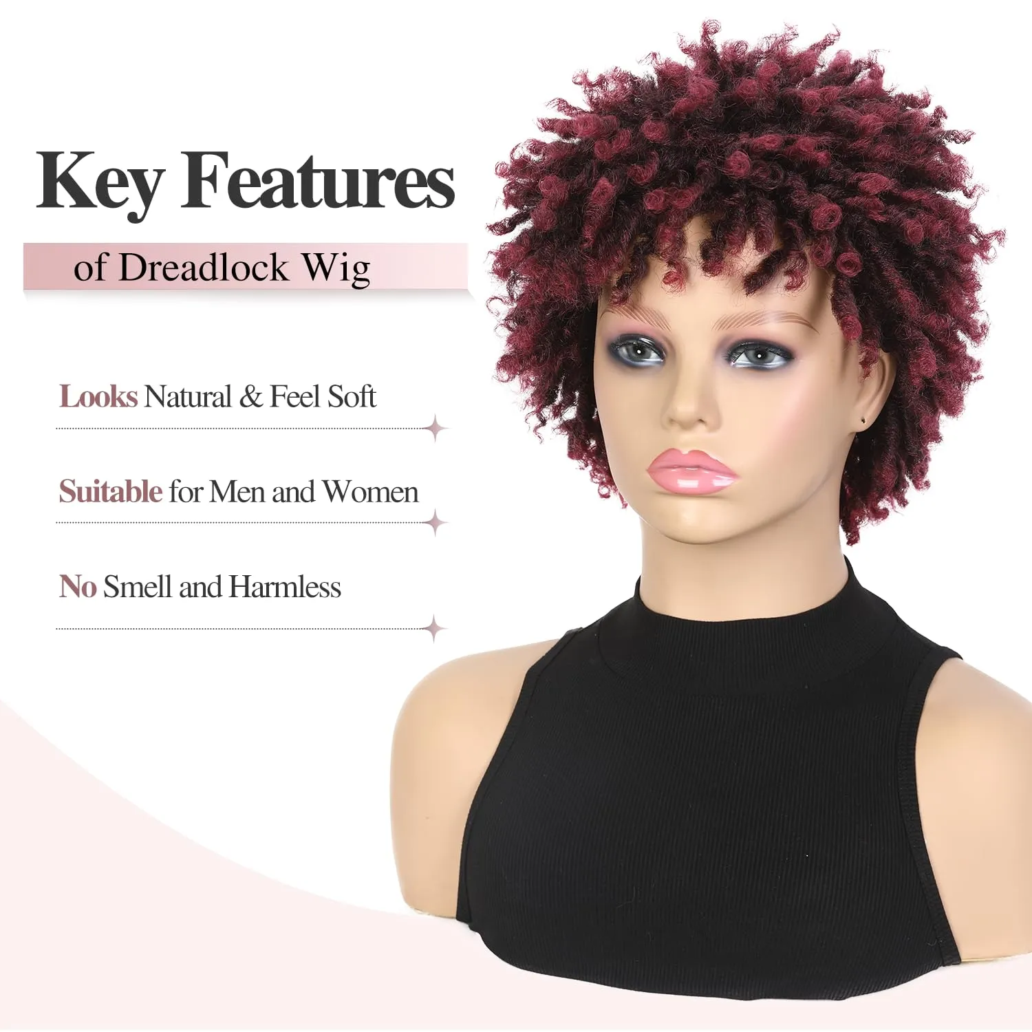 Short Dreadlock Twist Braids Wig for Black Women and Men - Ombre Burgundy African American Synthetic Braiding (1B BUG)