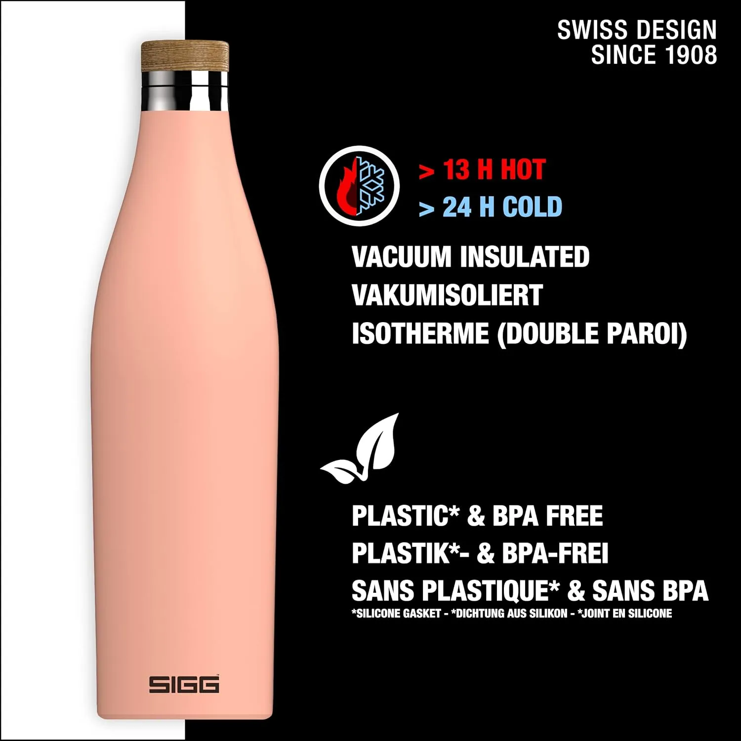 SIGG - Insulated Water Bottle - Meridian Shy Pink - Leakproof & Extra-Slim - BPA Free - Plastic Free - 18/8 Stainless Steel - Double Walled - Bamboo Screw Top - Pink - 17 Oz
