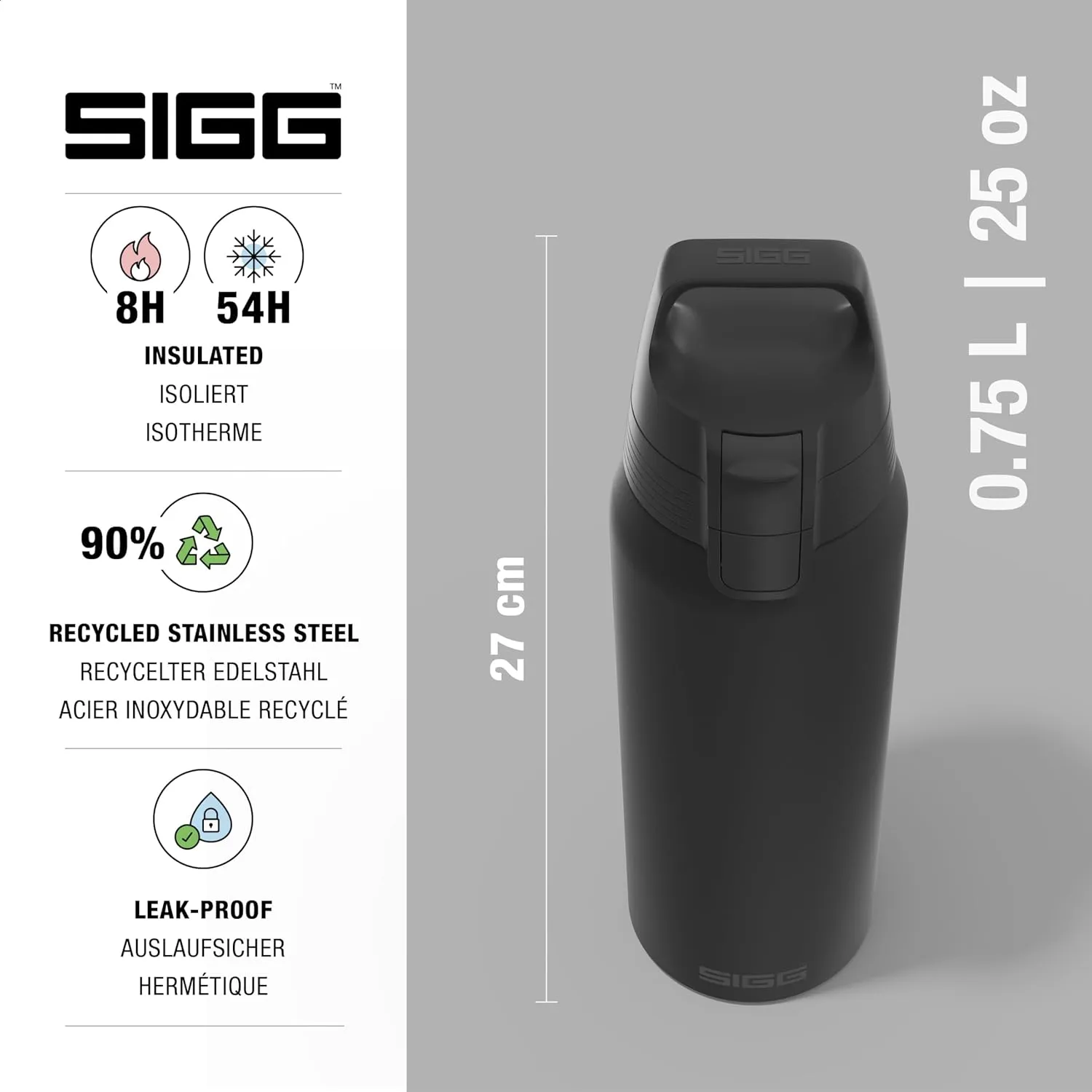 SIGG - Shield Therm- Stainless Steel Insulated Water Bottle - Carbonated Drinks, Leakproof, BPA Free, Recycled, 25, 34Oz