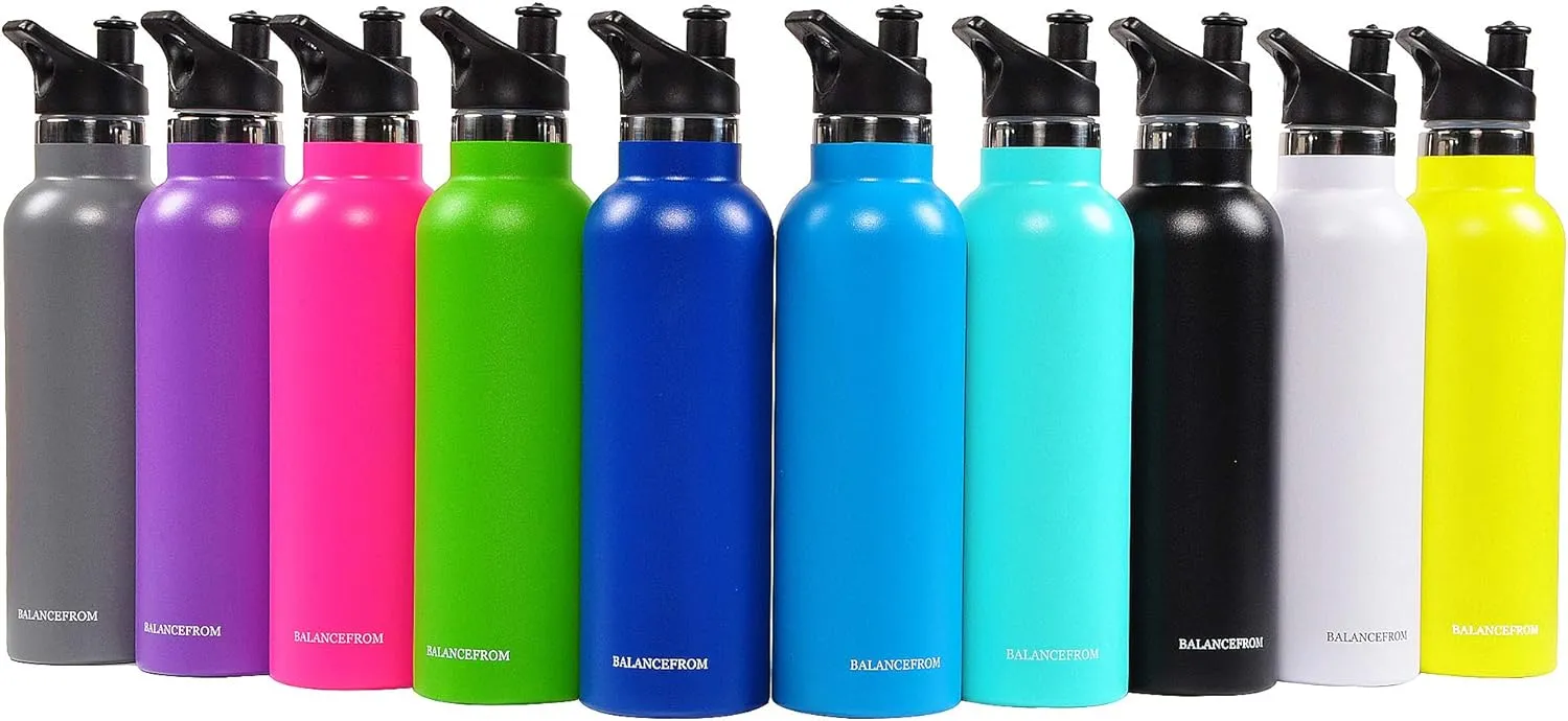 Signature Fitness Double-Wall Vacuum Insulated Stainless Steel Water Bottle, 3 Caps Included, Multiple Colors and Sizes