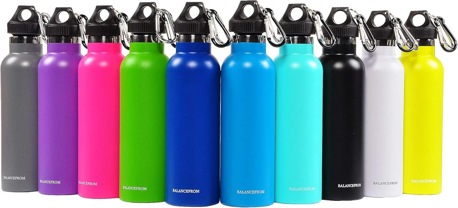 Signature Fitness Double-Wall Vacuum Insulated Stainless Steel Water Bottle, 3 Caps Included, Multiple Colors and Sizes