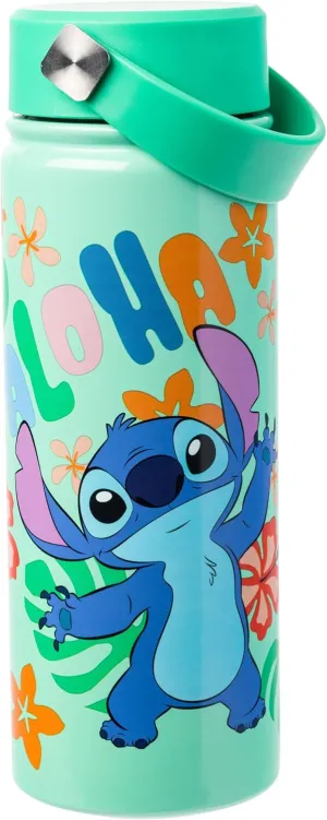 Silver Buffalo Disney Lilo and Stitch “Aloha” Stainless Steel Water Bottle with Swivel Handle Featuring Stitch, 20 Ounces