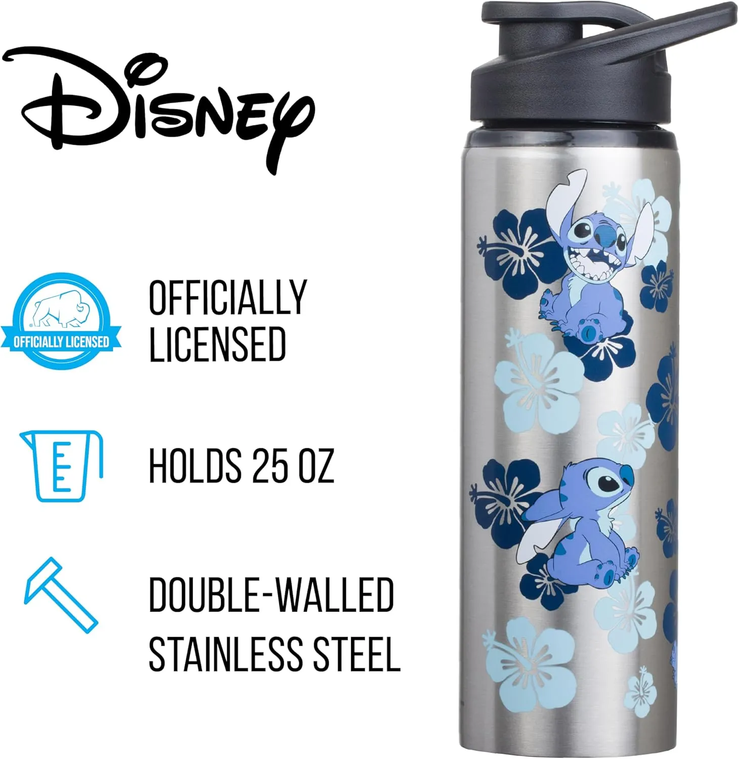 Silver Buffalo Disney Lilo and Stitch Double Walled Stainless Steel Water Bottle, 25 Ounces