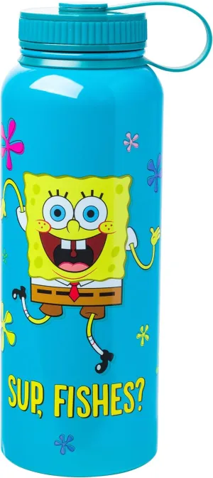 Silver Buffalo Spongebob Sup Fishes Stainless Steel Water Bottle With Twist Lid, 42 Ounces
