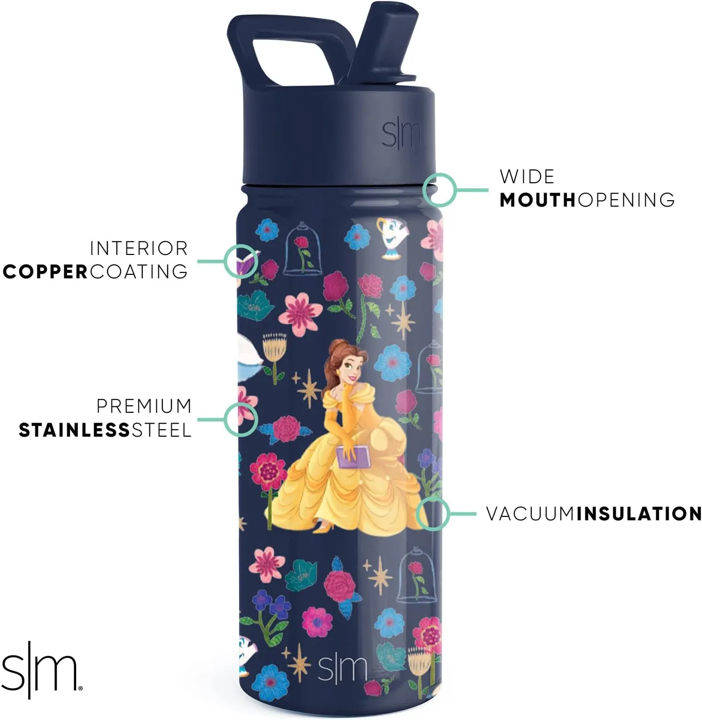 Simple Modern Kids Summit Water Bottle with Straw Lid | Disney Princess Belle 18oz Stainless Steel Cup Insulated Tumbler for Girls, School | Belle's Garden