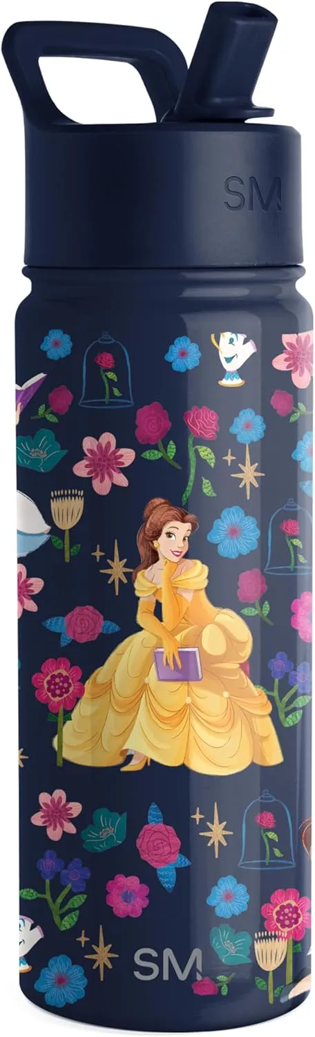 Simple Modern Kids Summit Water Bottle with Straw Lid | Disney Princess Belle 18oz Stainless Steel Cup Insulated Tumbler for Girls, School | Belle's Garden