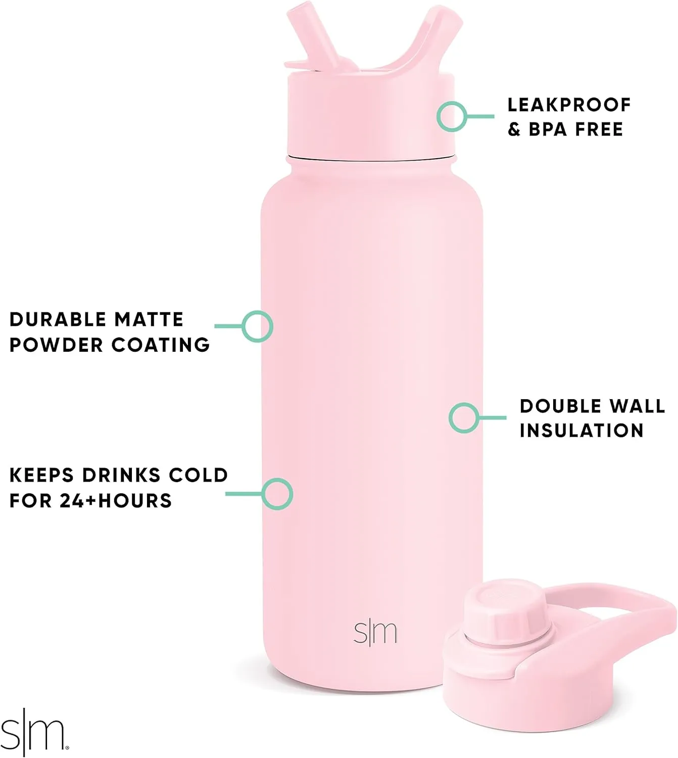 Simple Modern Water Bottle with Straw and Chug Lid Vacuum Insulated Stainless Steel Metal Thermos Bottles | Reusable Leak Proof BPA-Free Flask for Sports, Gym | Summit Collection | 32oz, Blush