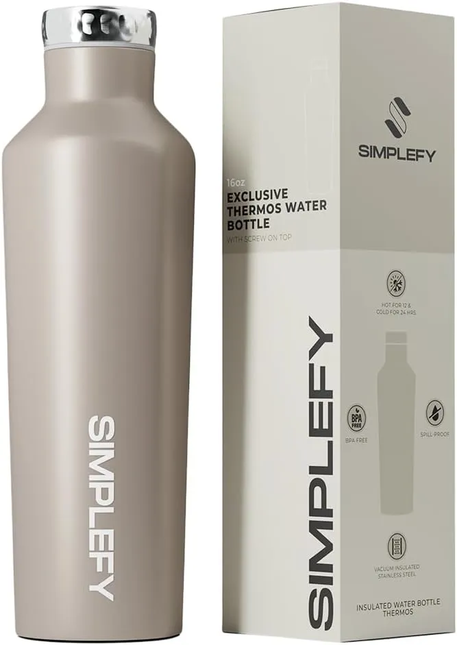 Simplefy Exclusive Insulated Water Bottle with Screw-On Cap16oz Triple Wall Stainless Steel Thermos, BPA-Free