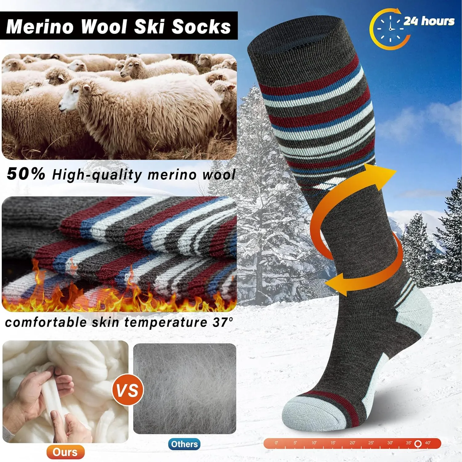 Ski Socks 50% Merino Wool Thermal Knee High Winter Snowboard Sport Socks Men Women