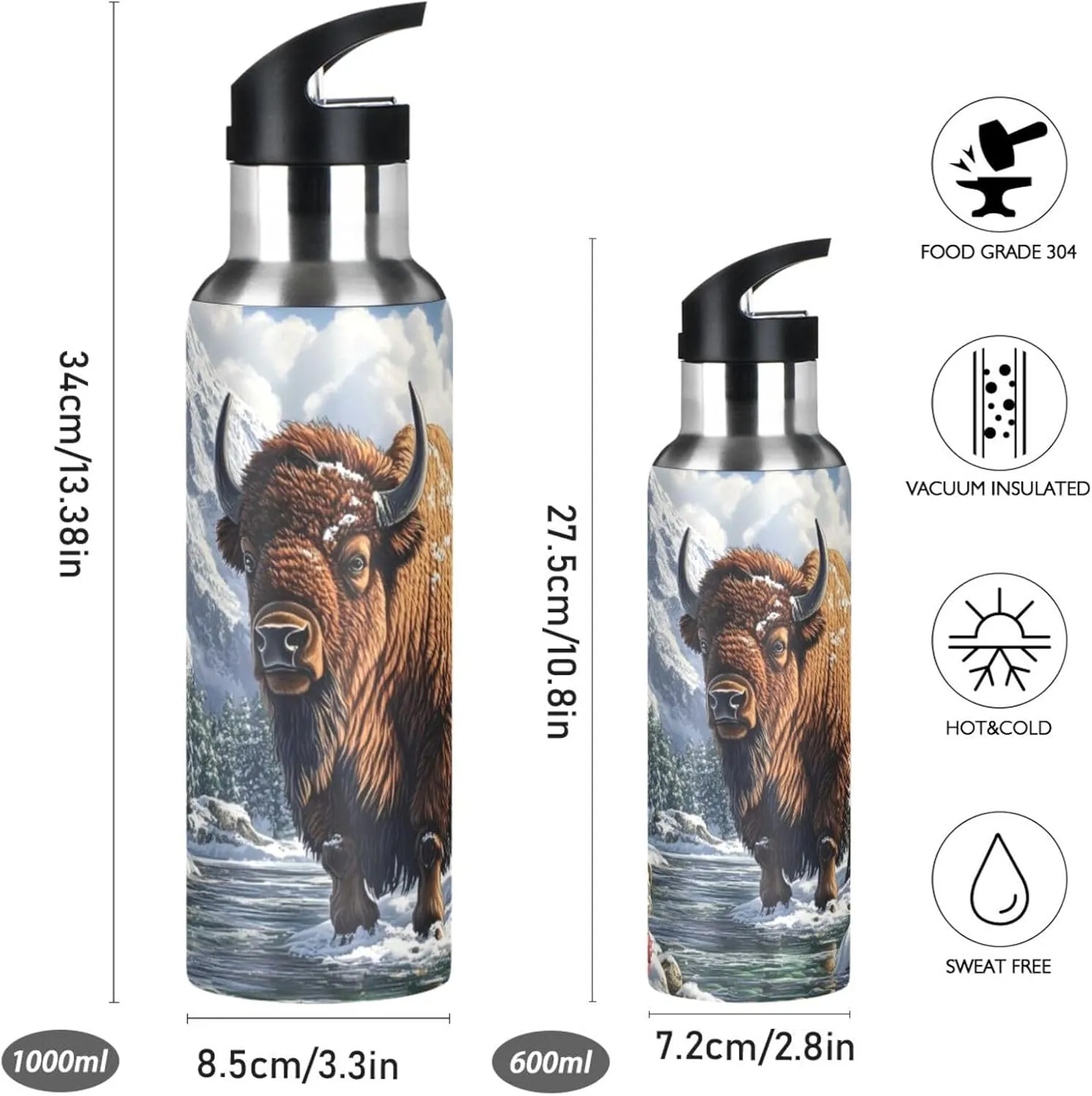 Snow Cattle Print Sports Bottle with Straw and Carry Loop for Gym, Camping, Workout, and Outdoors，Insulated Water Bottle Jug for All Day Hydration 33 OZ