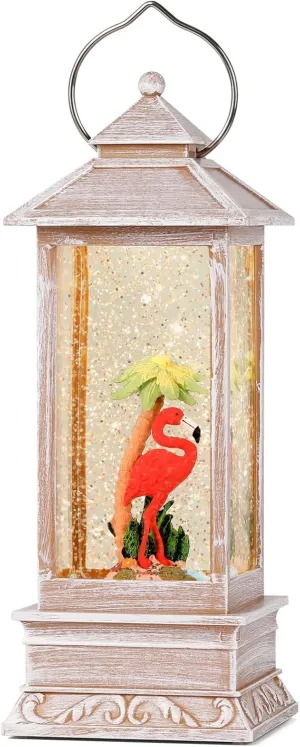 Snow Globe Lantern, Pink Flamingo Lighted Snow Globe Lantern with Timer, USB and Battery Powered with Swirling Glitter, Pink Flamingo Holiday Decor for Home Tabletop Decorations