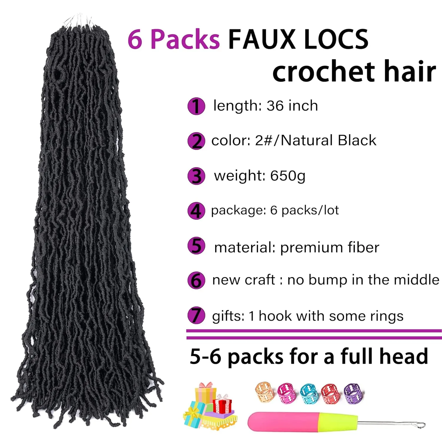 Soft Faux Locs 36 inch Crochet Hair 2# Whole Strand No Extended Pre-looped Long Super Lightweight Synthetic Distressed Locs For Black Women (36 Inch, 2#, Pack of 6)