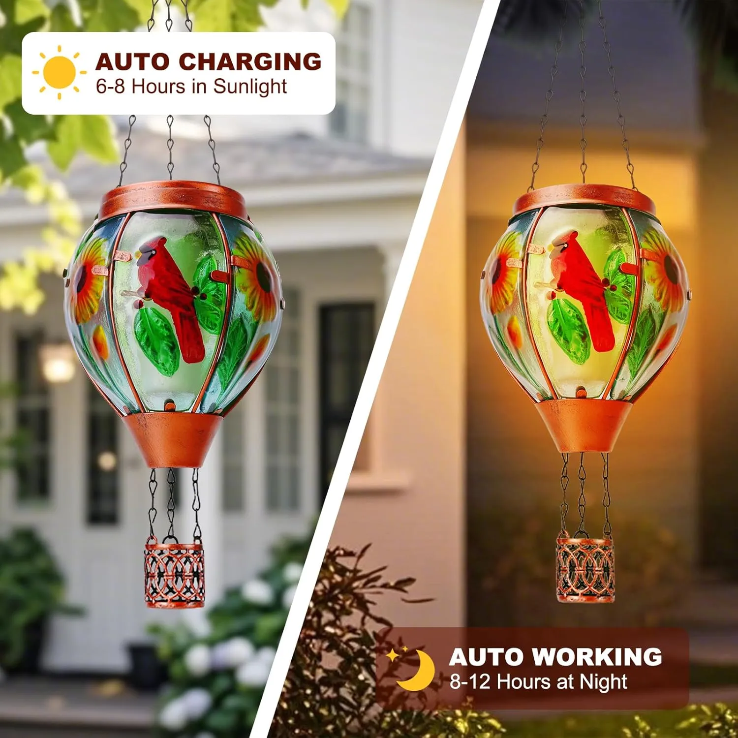 Solar Hot Air Balloon Lantern with Flame， Cardinal Glass Solar Hanging Lights Outdoor Yard Patio Farmhouse Decoration, Cardinal Gifts for Women Grandma Mom - Cardinal