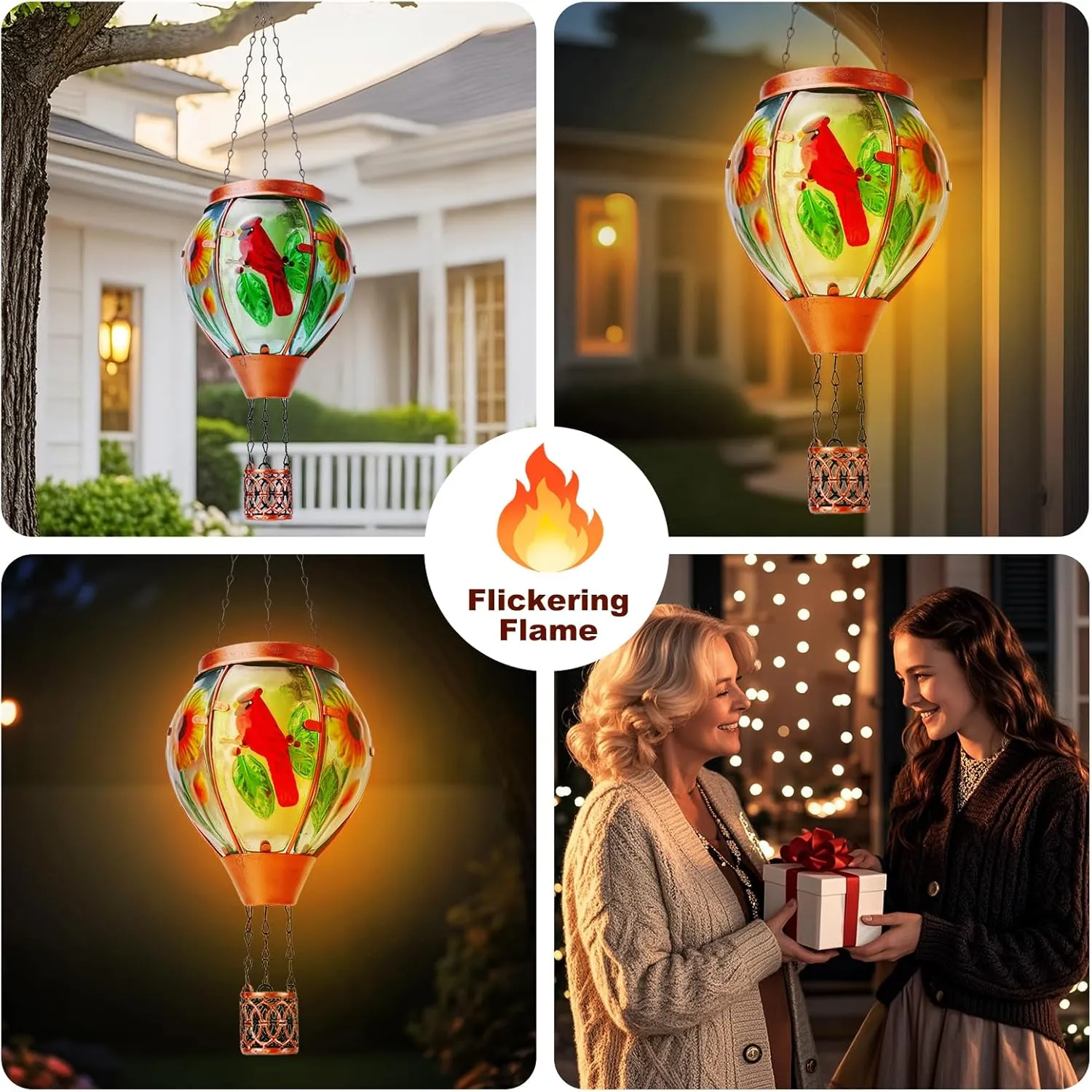 Solar Hot Air Balloon Lantern with Flame， Cardinal Glass Solar Hanging Lights Outdoor Yard Patio Farmhouse Decoration, Cardinal Gifts for Women Grandma Mom - Cardinal