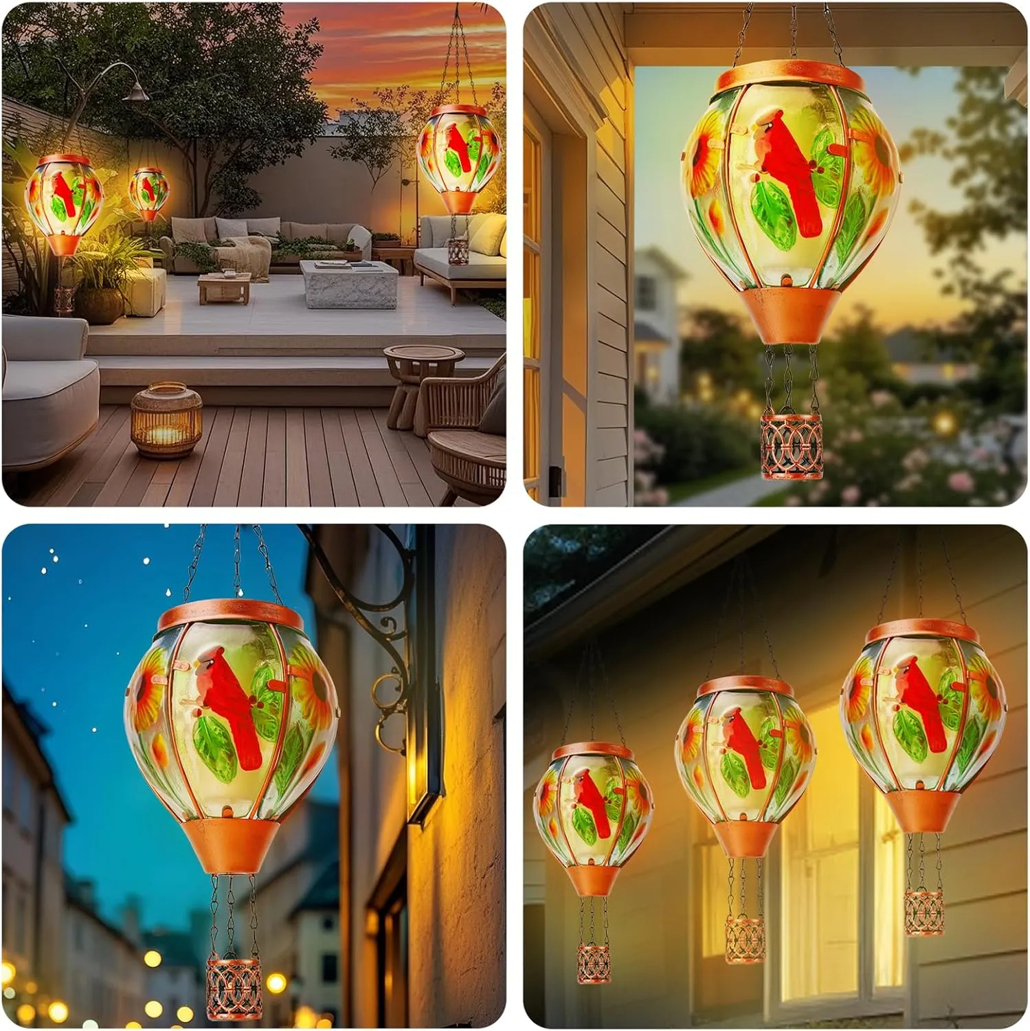 Solar Hot Air Balloon Lantern with Flame， Cardinal Glass Solar Hanging Lights Outdoor Yard Patio Farmhouse Decoration, Cardinal Gifts for Women Grandma Mom - Cardinal