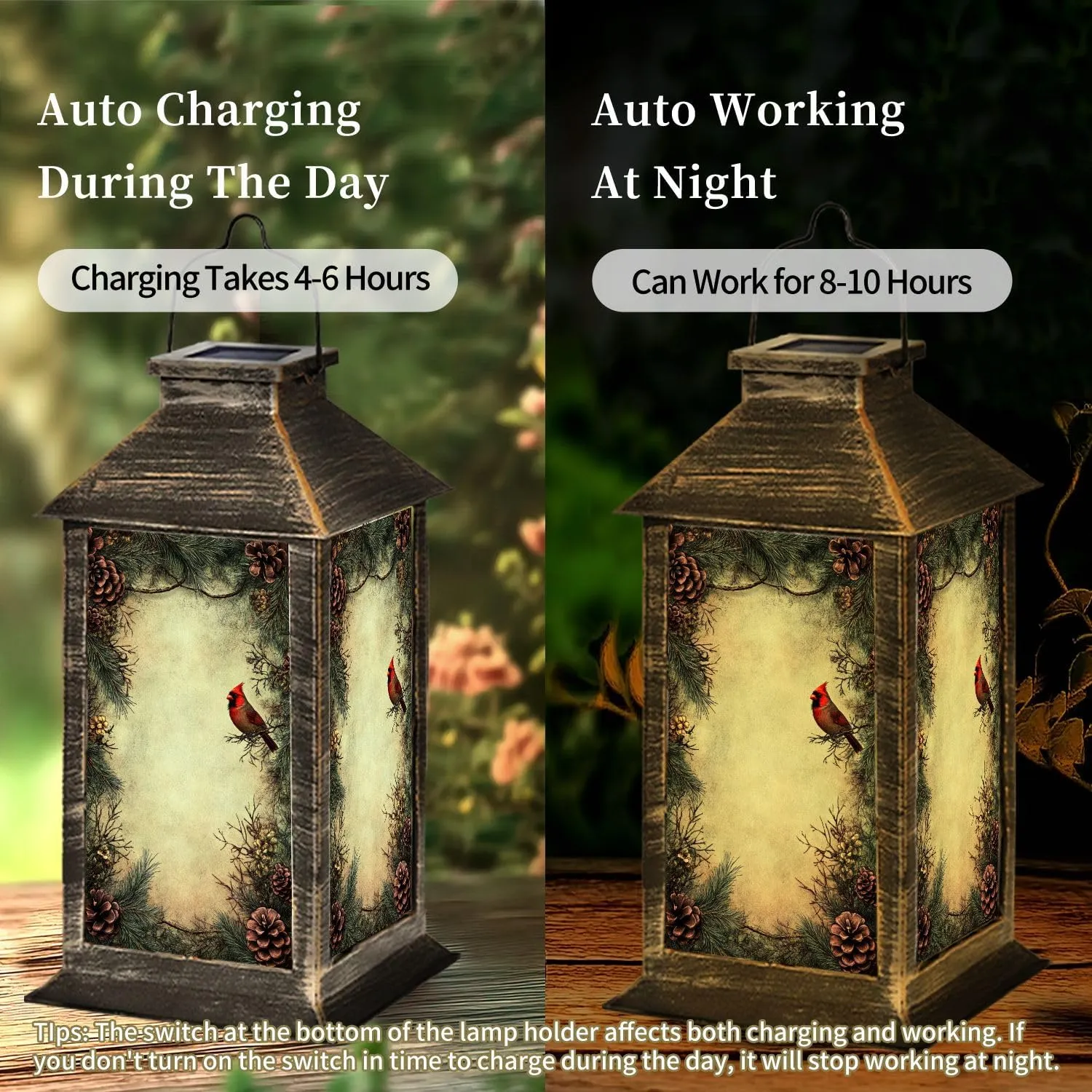 Solar Lantern Distressed Vintage Cardinal Pinecones Evergreen Art Outdoor Waterproof Garden Hanging Lantern Solar Powered Lighting Outside Table Lamp for Patio Deck Camping 1 Pack