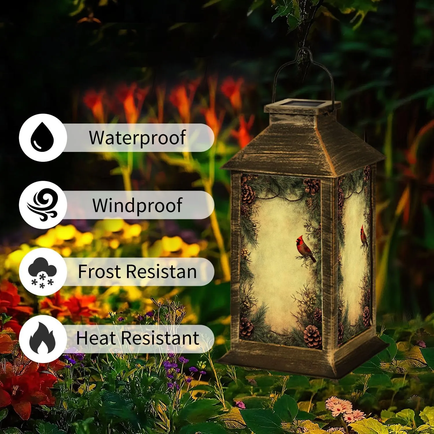 Solar Lantern Distressed Vintage Cardinal Pinecones Evergreen Art Outdoor Waterproof Garden Hanging Lantern Solar Powered Lighting Outside Table Lamp for Patio Deck Camping 1 Pack