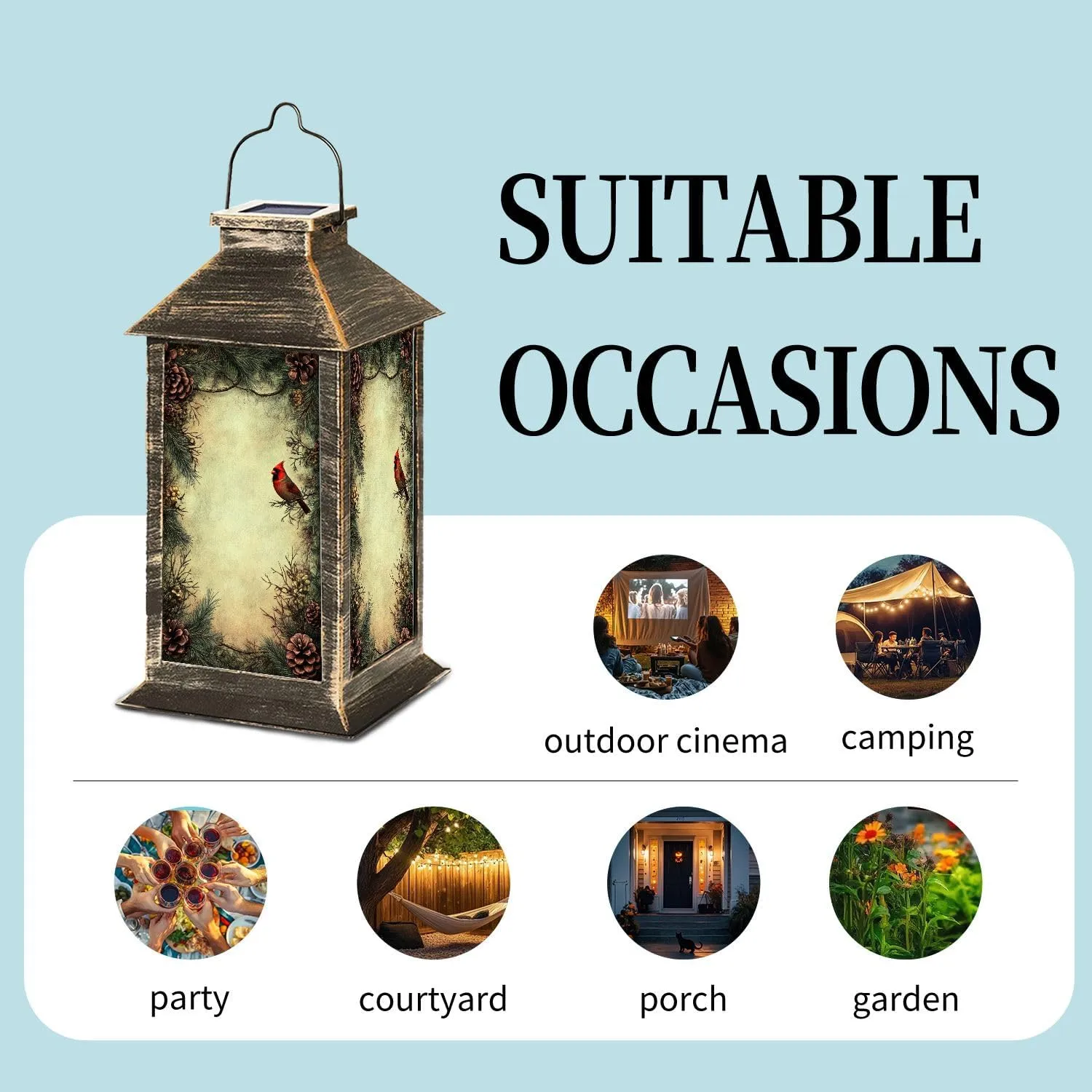 Solar Lantern Distressed Vintage Cardinal Pinecones Evergreen Art Outdoor Waterproof Garden Hanging Lantern Solar Powered Lighting Outside Table Lamp for Patio Deck Camping 1 Pack