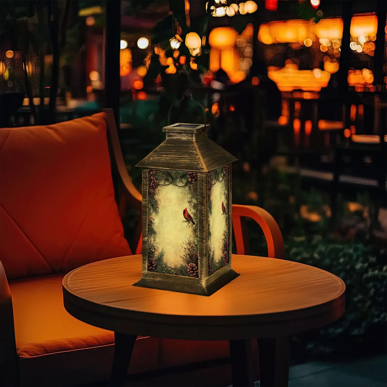 Solar Lantern Distressed Vintage Cardinal Pinecones Evergreen Art Outdoor Waterproof Garden Hanging Lantern Solar Powered Lighting Outside Table Lamp for Patio Deck Camping 1 Pack