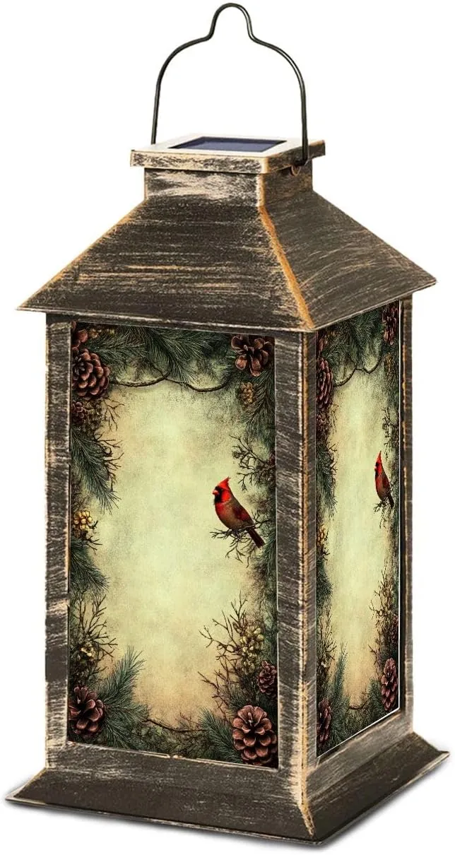 Solar Lantern Distressed Vintage Cardinal Pinecones Evergreen Art Outdoor Waterproof Garden Hanging Lantern Solar Powered Lighting Outside Table Lamp for Patio Deck Camping 1 Pack