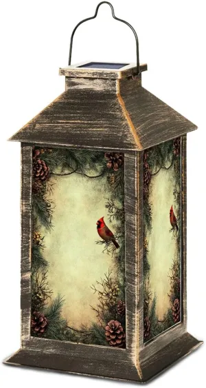 Solar Lantern Distressed Vintage Cardinal Pinecones Evergreen Art Outdoor Waterproof Garden Hanging Lantern Solar Powered Lighting Outside Table Lamp for Patio Deck Camping 1 Pack