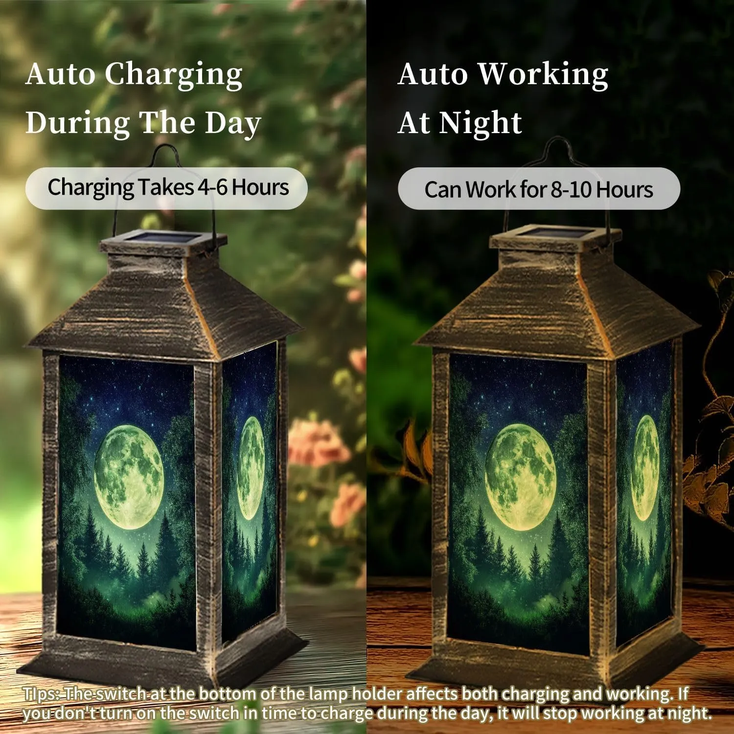 Solar Lantern Fantasy Full Moon Behind Evergreen Forest Outdoor Garden Hanging Lantern Waterproof Solar Powered Lighting Outside Table Lamp for Deck Yard Camping Patio Decor