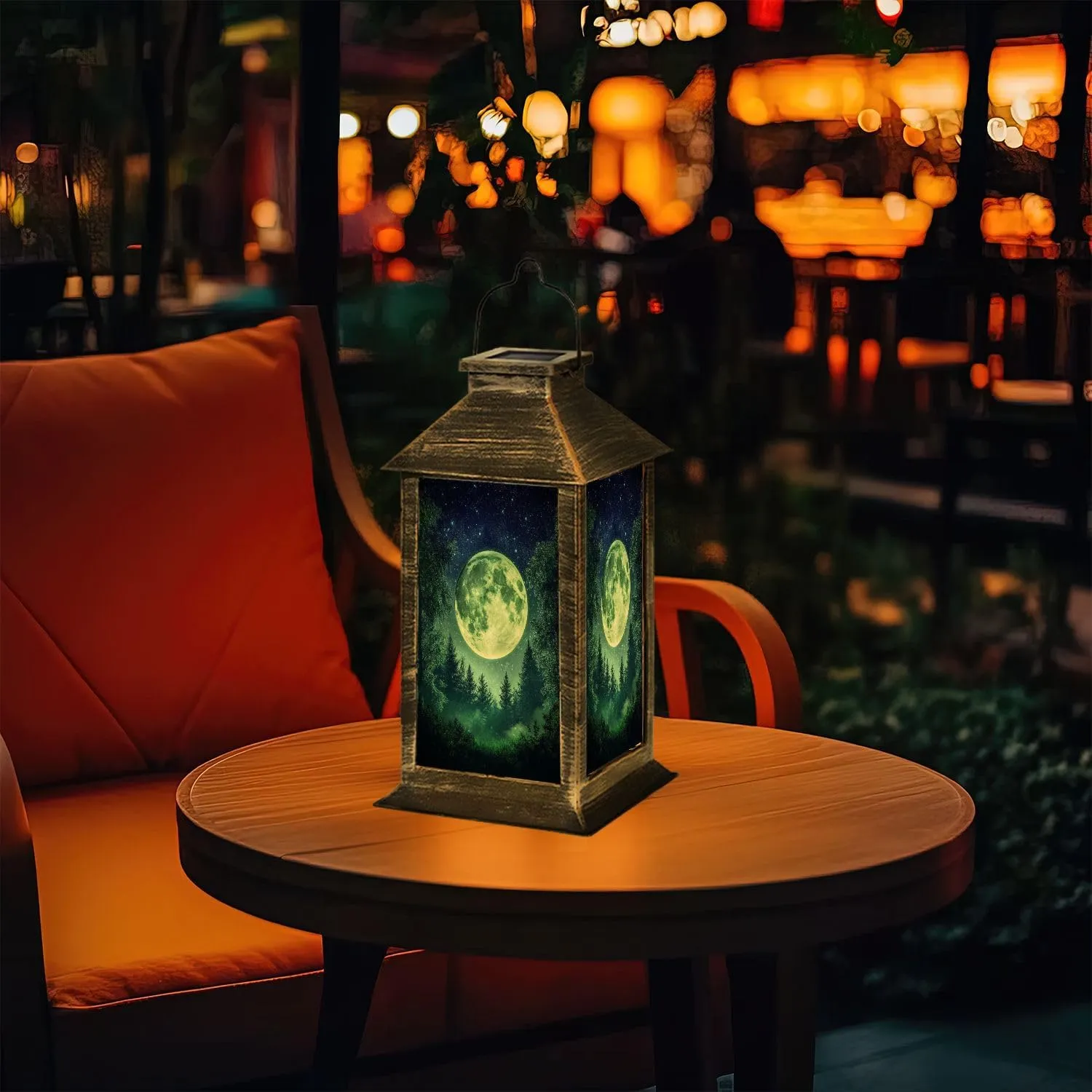 Solar Lantern Fantasy Full Moon Behind Evergreen Forest Outdoor Garden Hanging Lantern Waterproof Solar Powered Lighting Outside Table Lamp for Deck Yard Camping Patio Decor