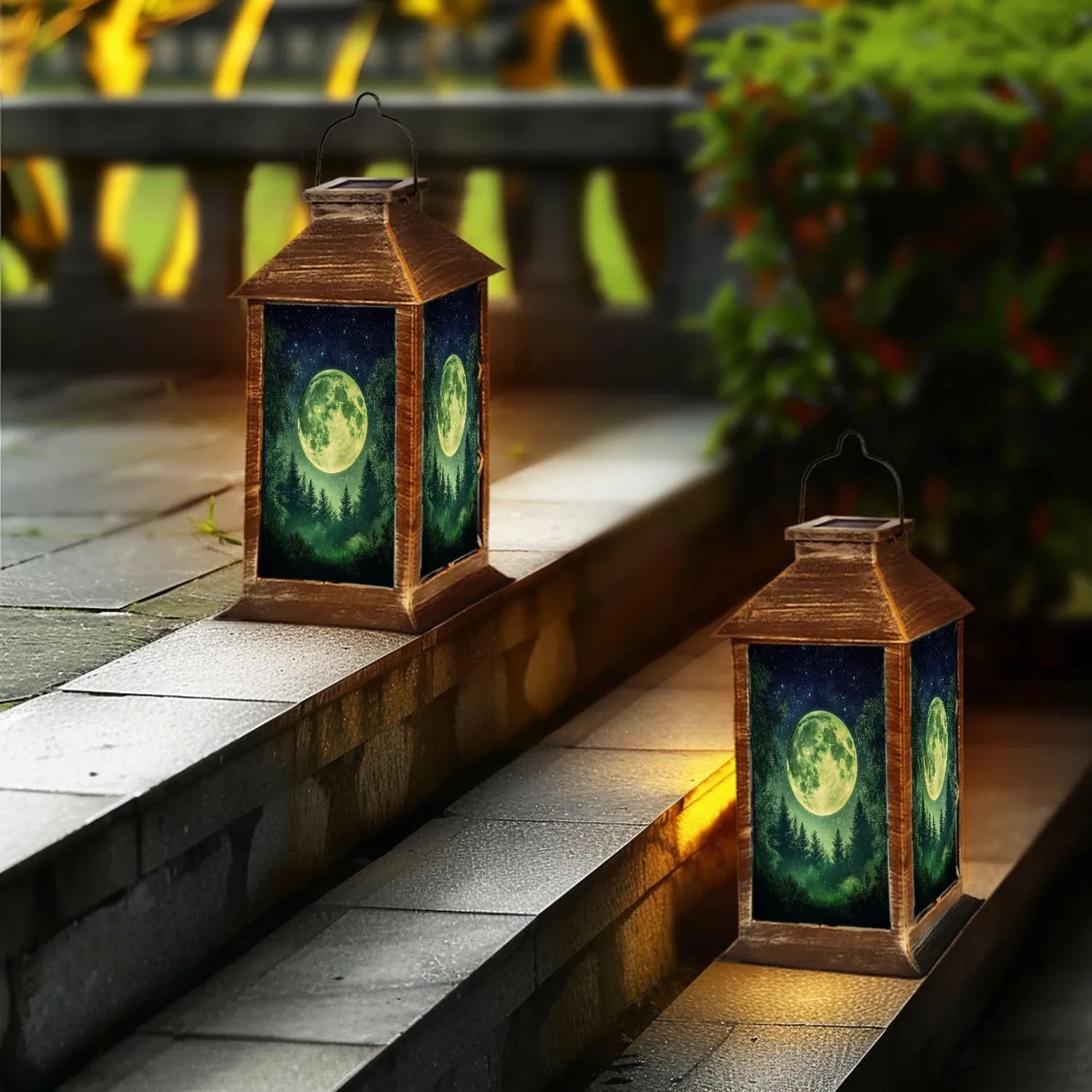 Solar Lantern Fantasy Full Moon Behind Evergreen Forest Outdoor Garden Hanging Lantern Waterproof Solar Powered Lighting Outside Table Lamp for Deck Yard Camping Patio Decor