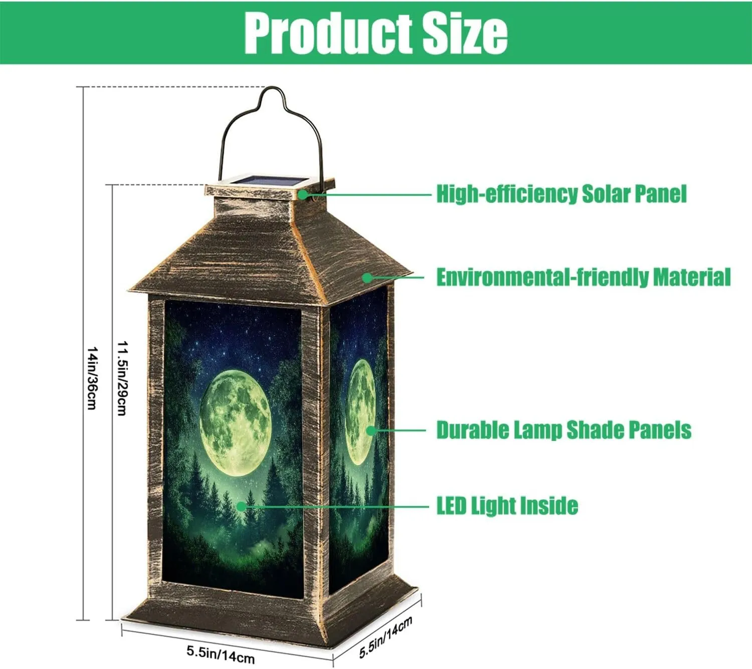 Solar Lantern Fantasy Full Moon Behind Evergreen Forest Outdoor Garden Hanging Lantern Waterproof Solar Powered Lighting Outside Table Lamp for Deck Yard Camping Patio Decor