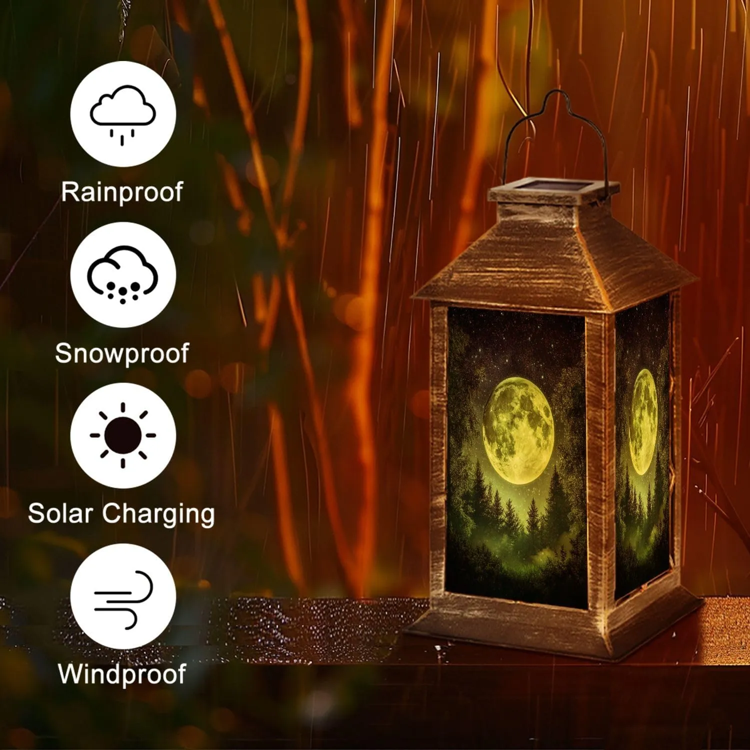 Solar Lantern Fantasy Full Moon Behind Evergreen Forest Outdoor Garden Hanging Lantern Waterproof Solar Powered Lighting Outside Table Lamp for Deck Yard Camping Patio Decor