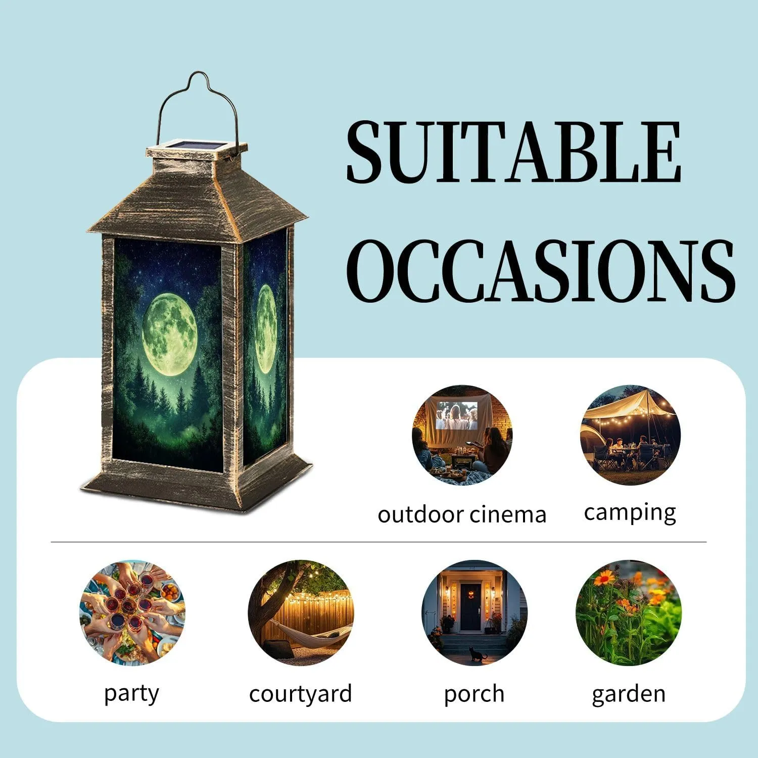 Solar Lantern Fantasy Full Moon Behind Evergreen Forest Outdoor Garden Hanging Lantern Waterproof Solar Powered Lighting Outside Table Lamp for Deck Yard Camping Patio Decor