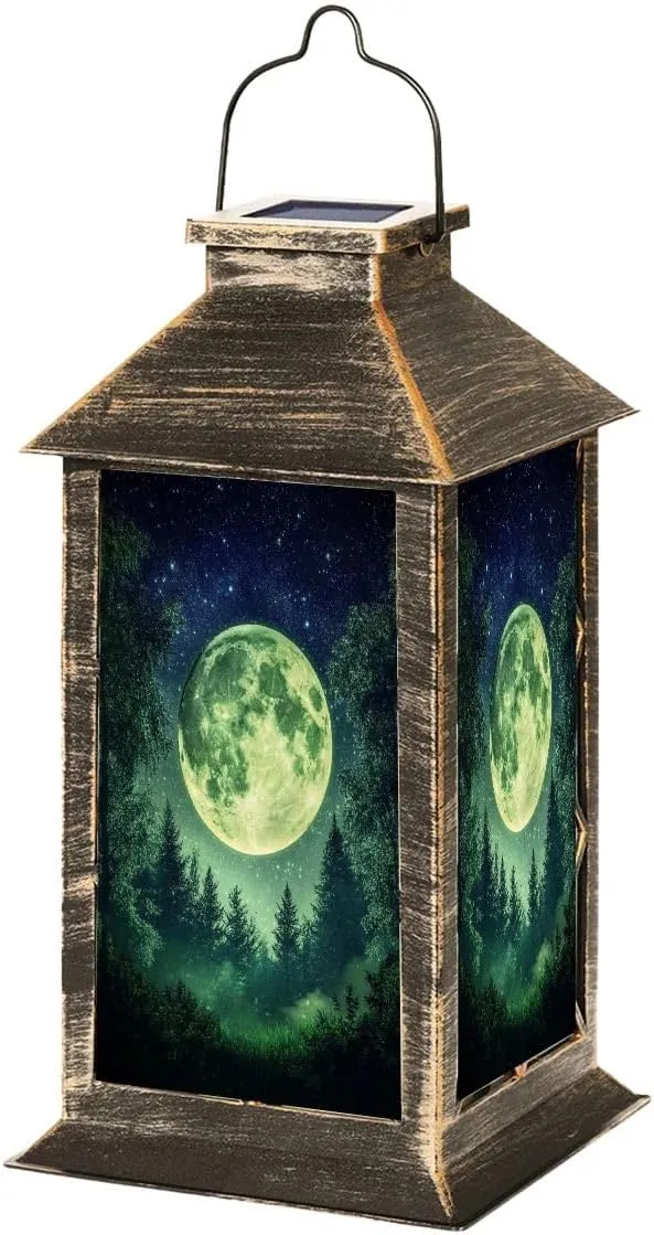 Solar Lantern Fantasy Full Moon Behind Evergreen Forest Outdoor Garden Hanging Lantern Waterproof Solar Powered Lighting Outside Table Lamp for Deck Yard Camping Patio Decor