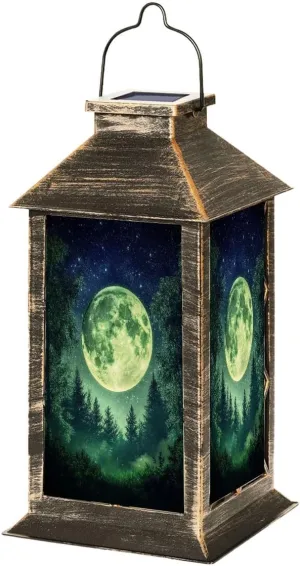 Solar Lantern Fantasy Full Moon Behind Evergreen Forest Outdoor Garden Hanging Lantern Waterproof Solar Powered Lighting Outside Table Lamp for Deck Yard Camping Patio Decor